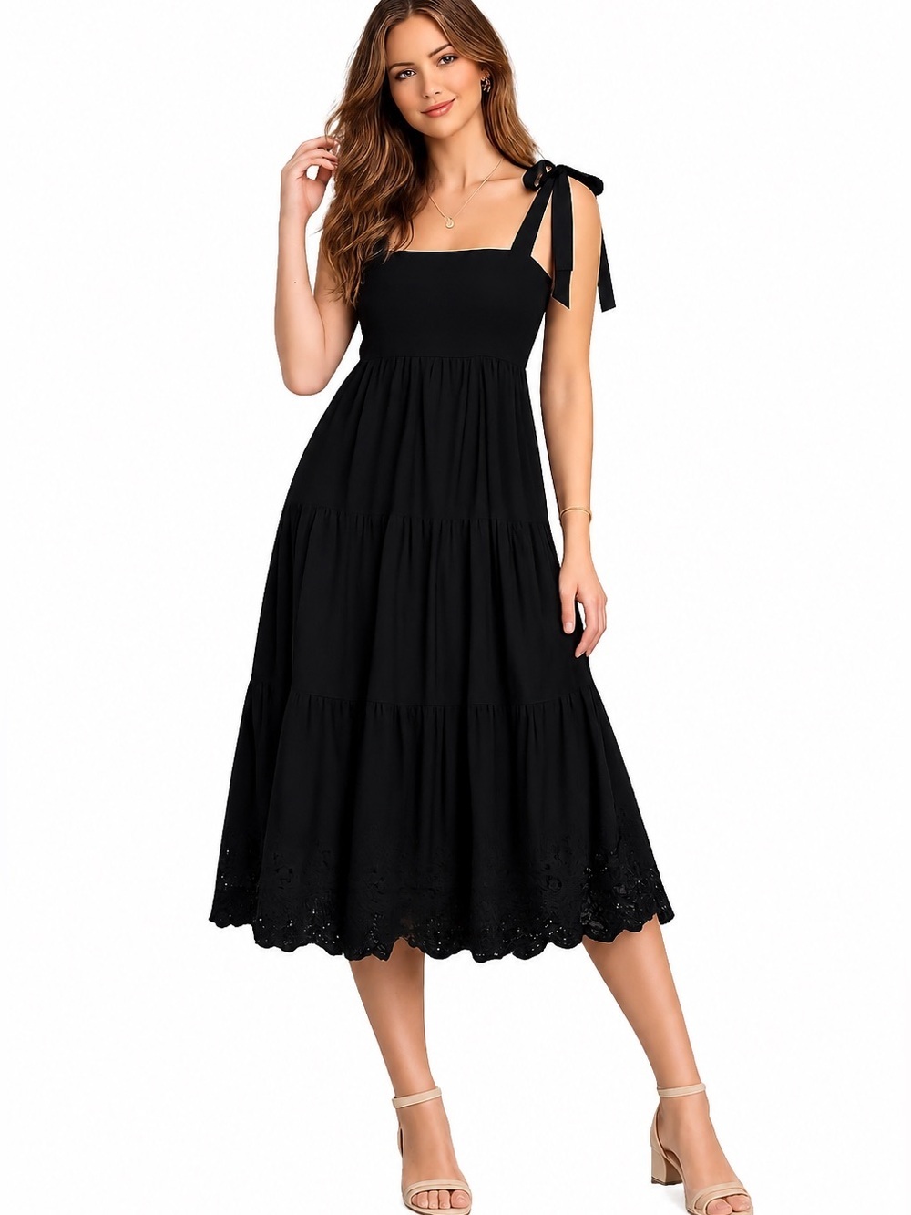 NEW Jason Wu Black Cotton Square Neck Tie Straps Lace Eyelet Tiered Maxi Dress